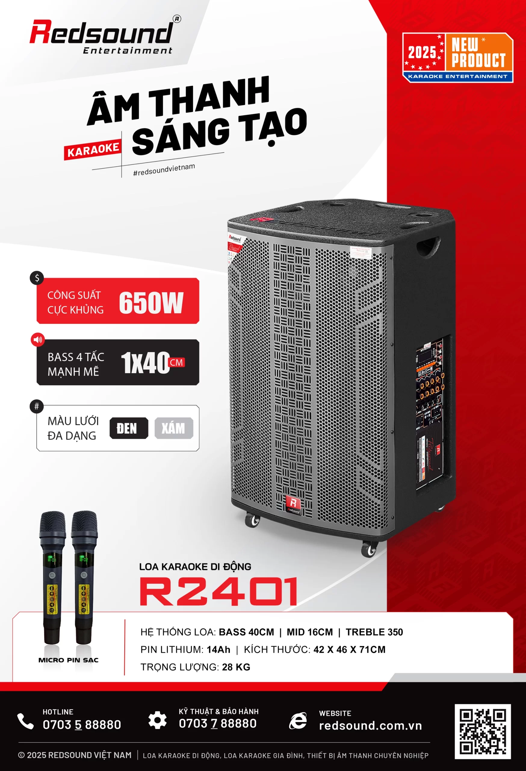 Loa kéo di động Redsound R2401 bass 4 tấc âm thanh 3 đường tiếng 650W