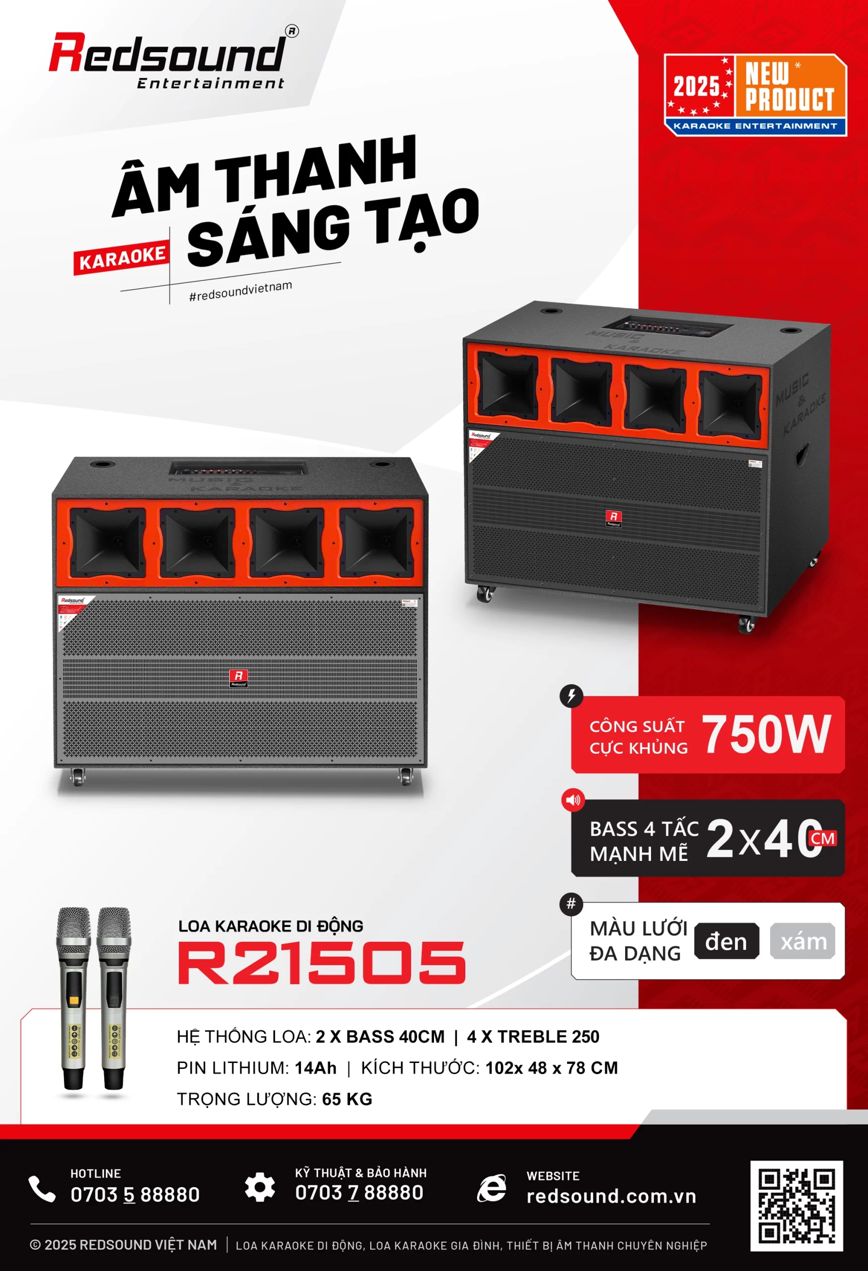Loa kéo di động Redsound R21505 bass 4 tấc đôi công suất 750W
