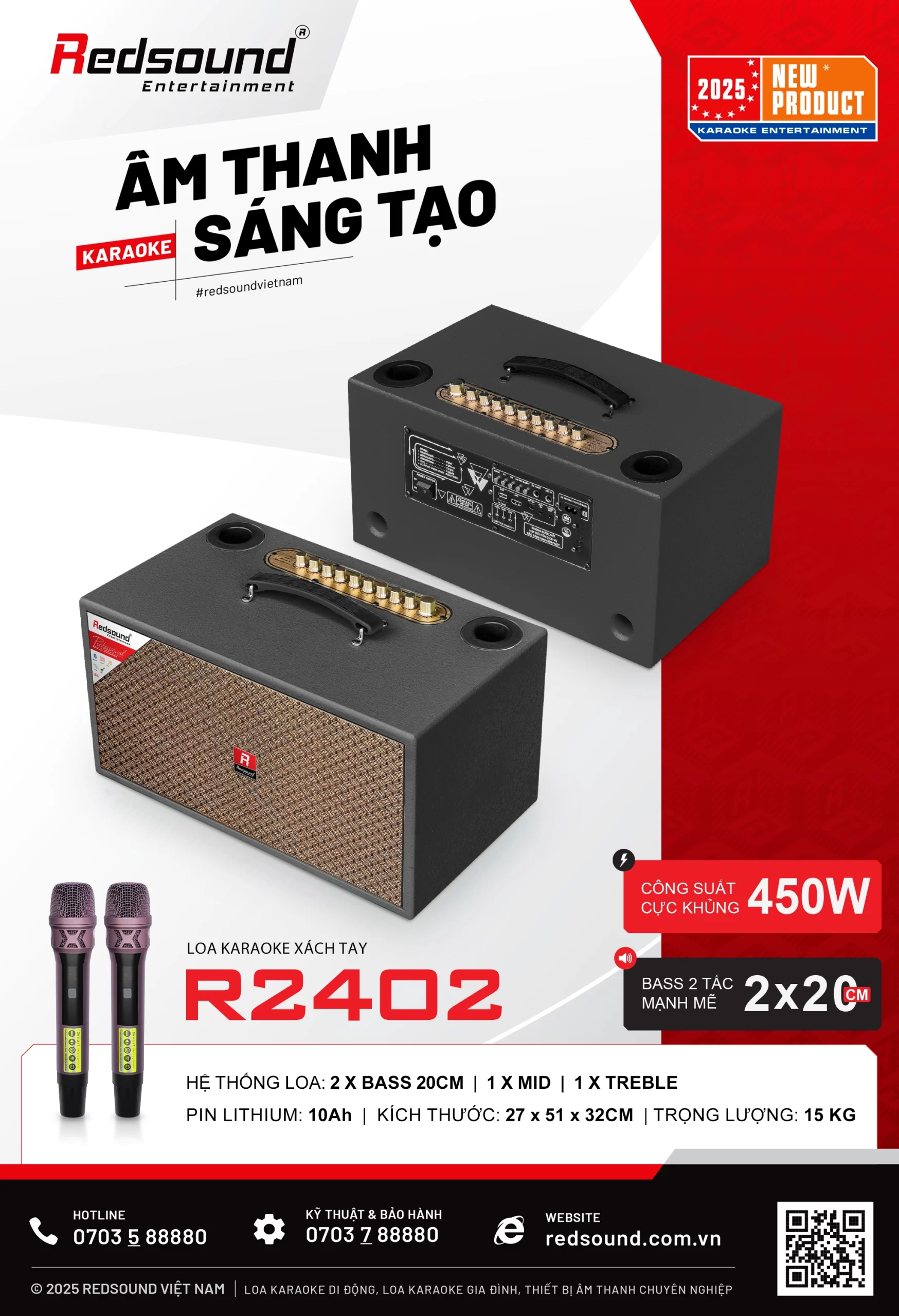 Loa karaoke xách tay Redsound R2402 công suất 450W chính hãng