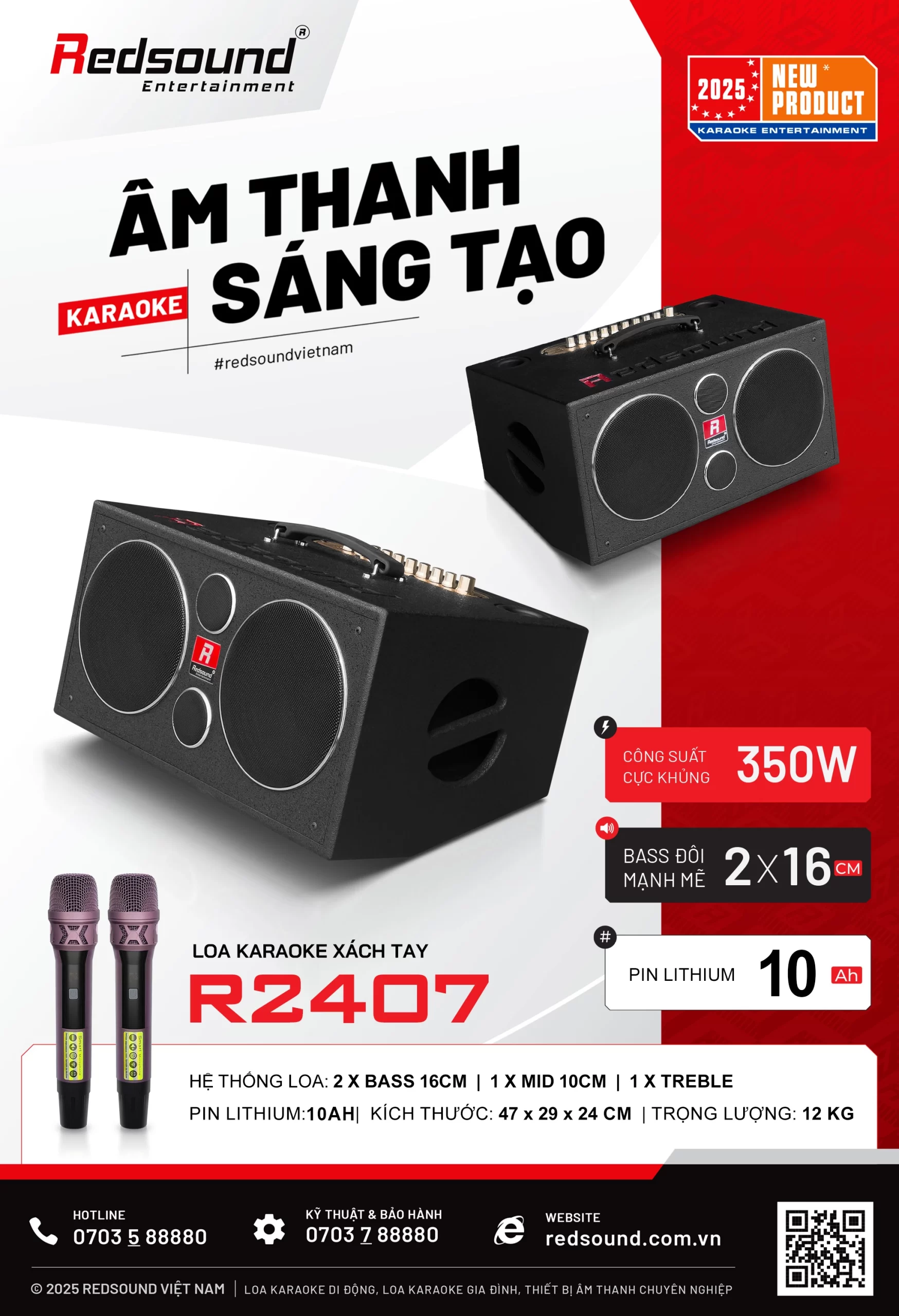 Loa karaoke xách tay Redsound R2407 công suất 350W pin lithium 10Ah