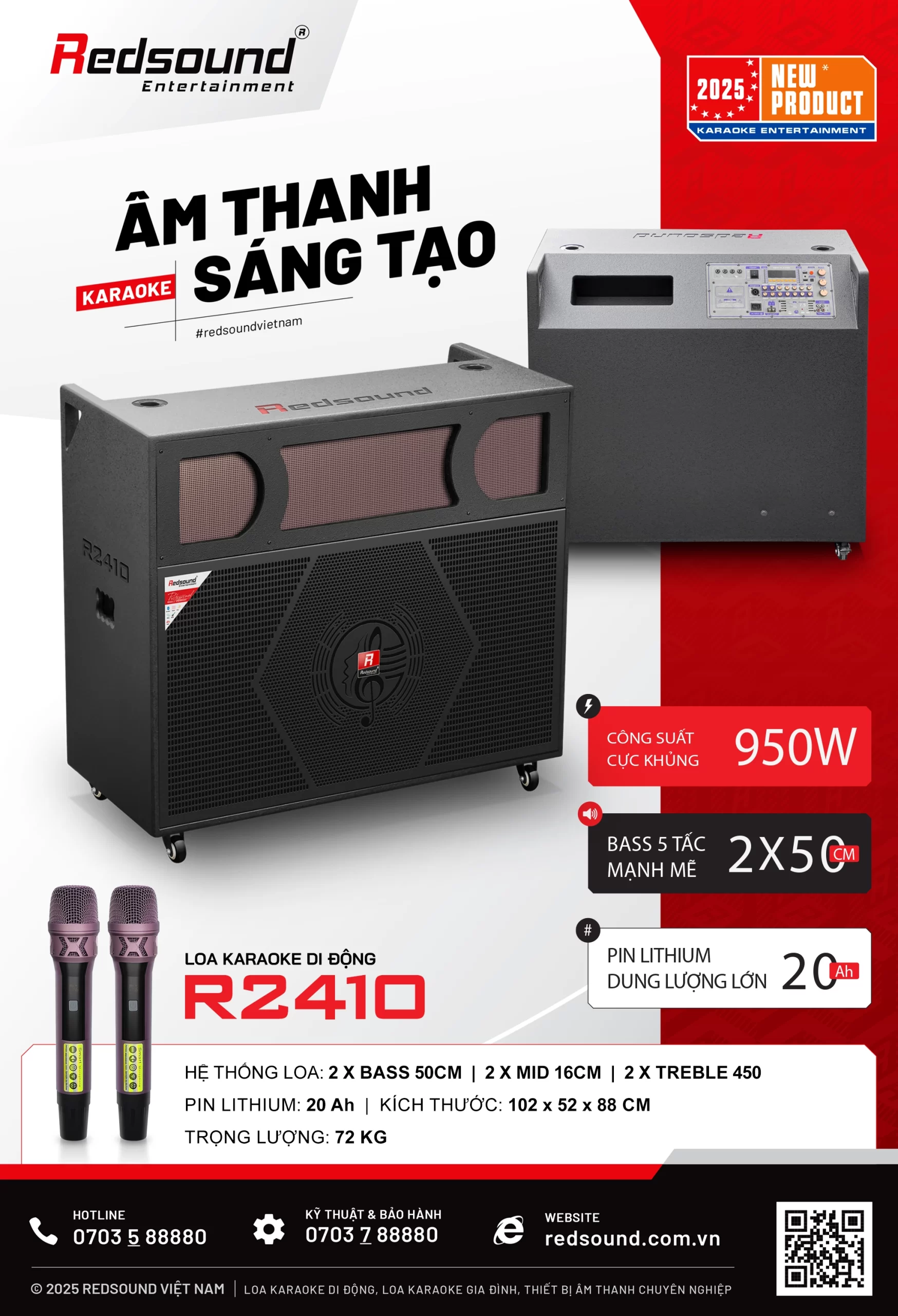 Loa karaoke di động Redsound R2410 bass đôi 5 tấc công suất 950W cực khủng