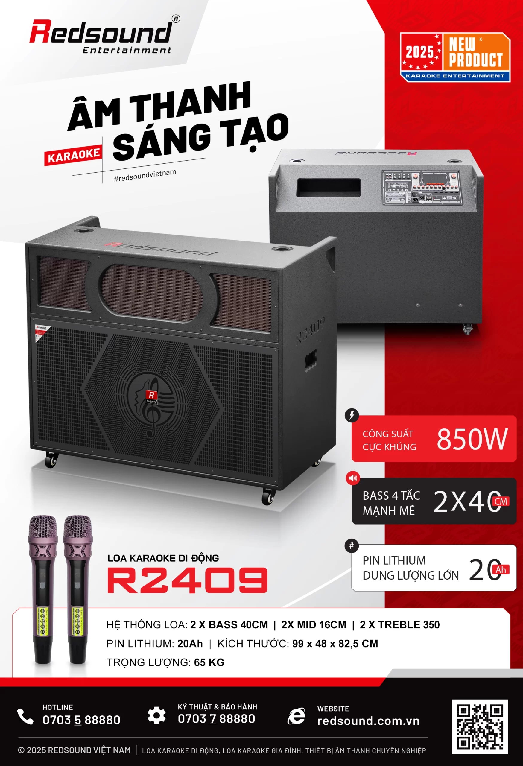 Loa karaoke di động Redsound R2409 bass 4 tấc đôi công suất 850W