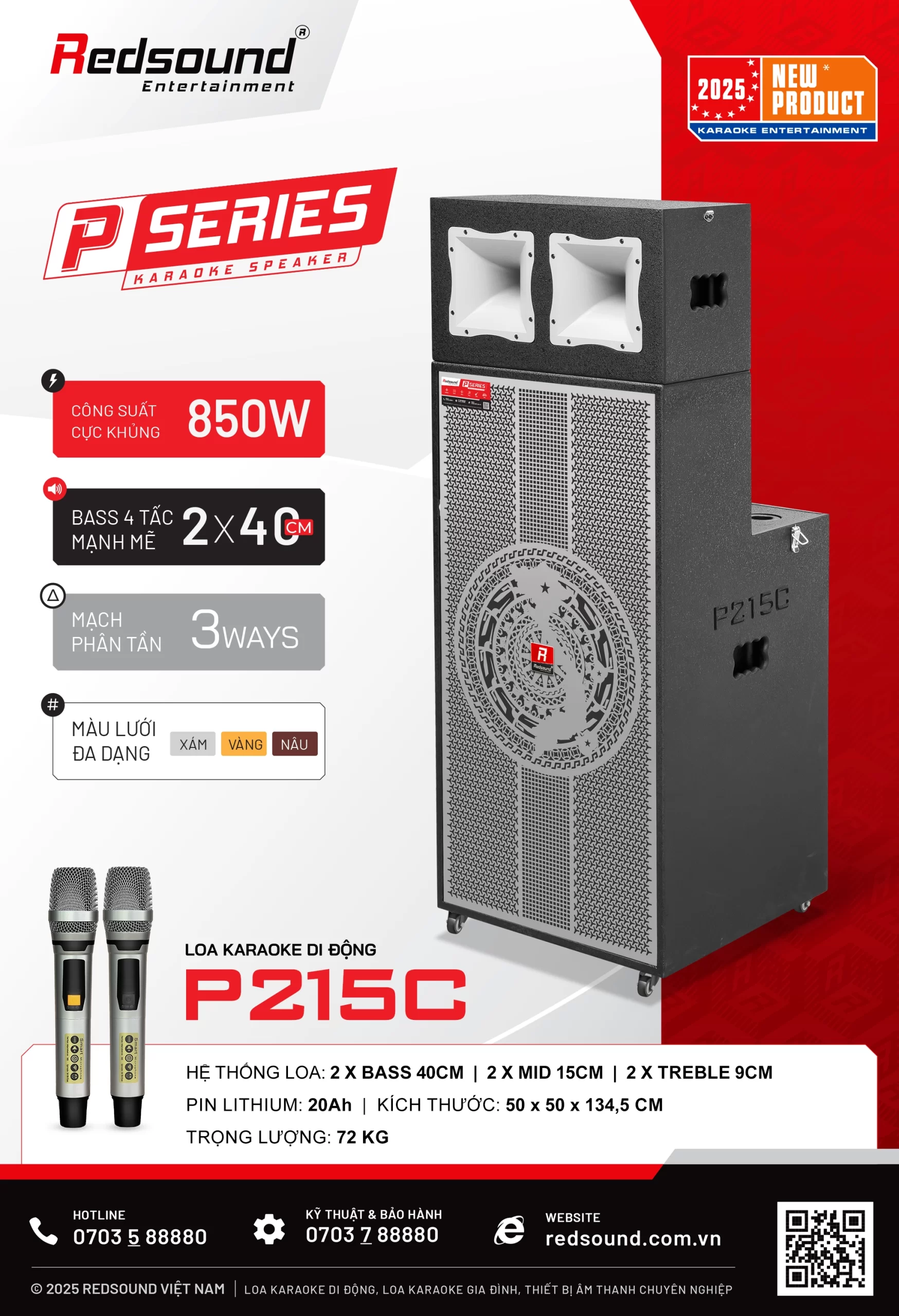 Loa kéo tủ đứng Redsound P215C công suất 850W 2 bass 40cm