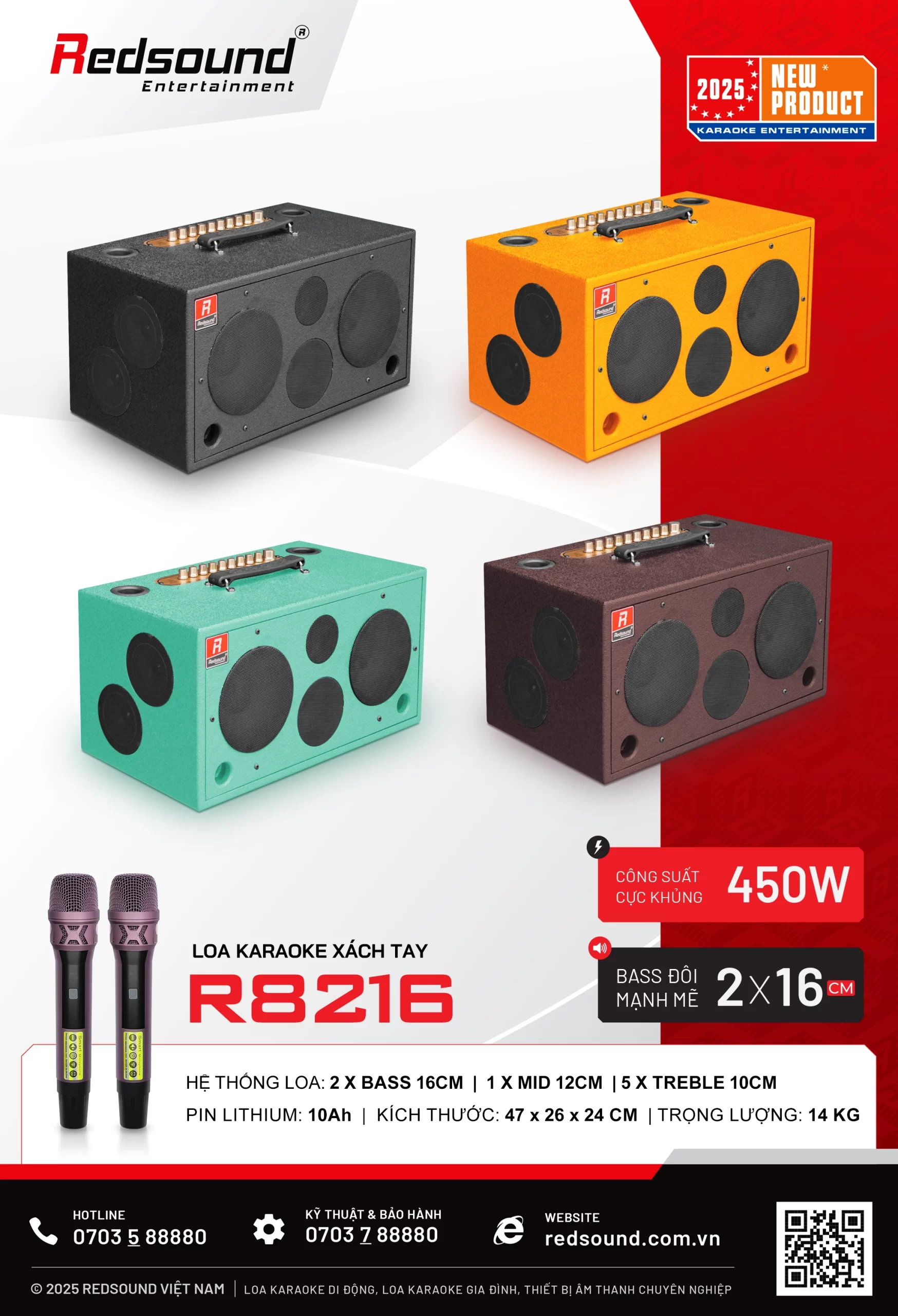 Loa xách tay Redsound R8216 Bass đôi 16 cm 6 Redsound Vietnam Loa karaoke xách tay Redsound R8216 công suất 450W bass đôi