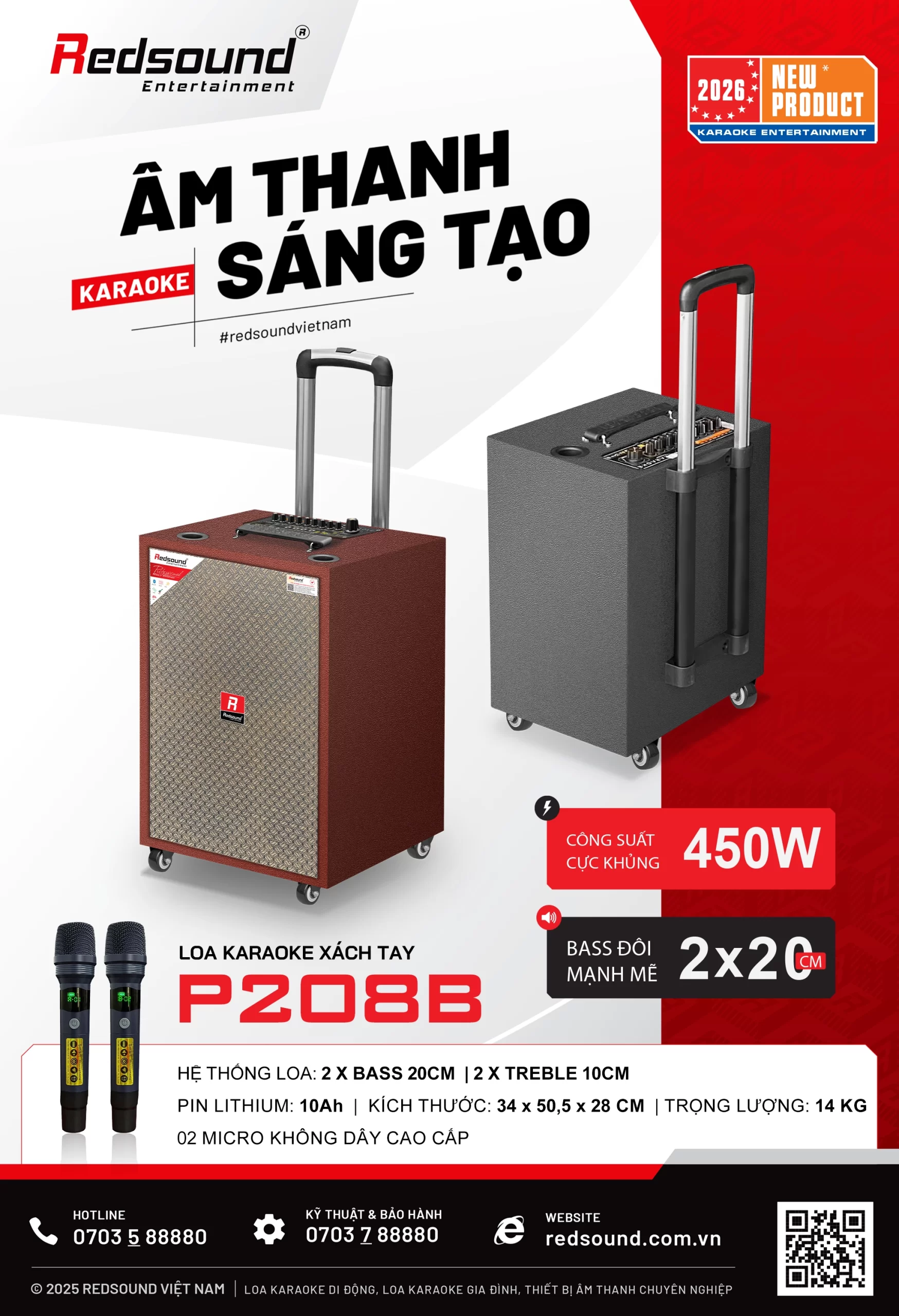 Loa karaoke xách tay Redsound P208B bass đôi 20cm công suất 450W có tay kéo mới nhất 2026