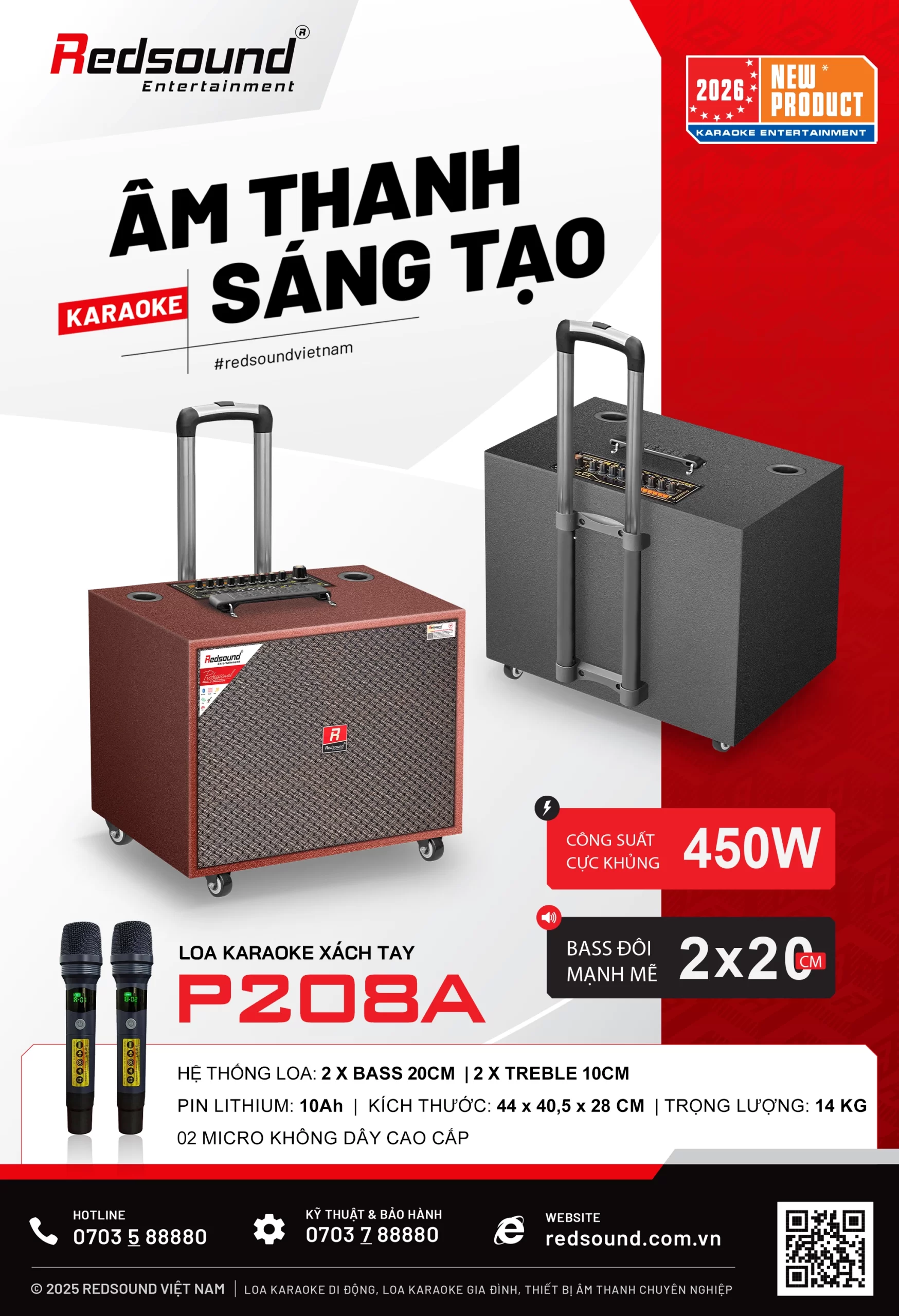 Loa karaoke xách tay Redsound P208A bass đôi 20cm công suất 450W có tay kéo