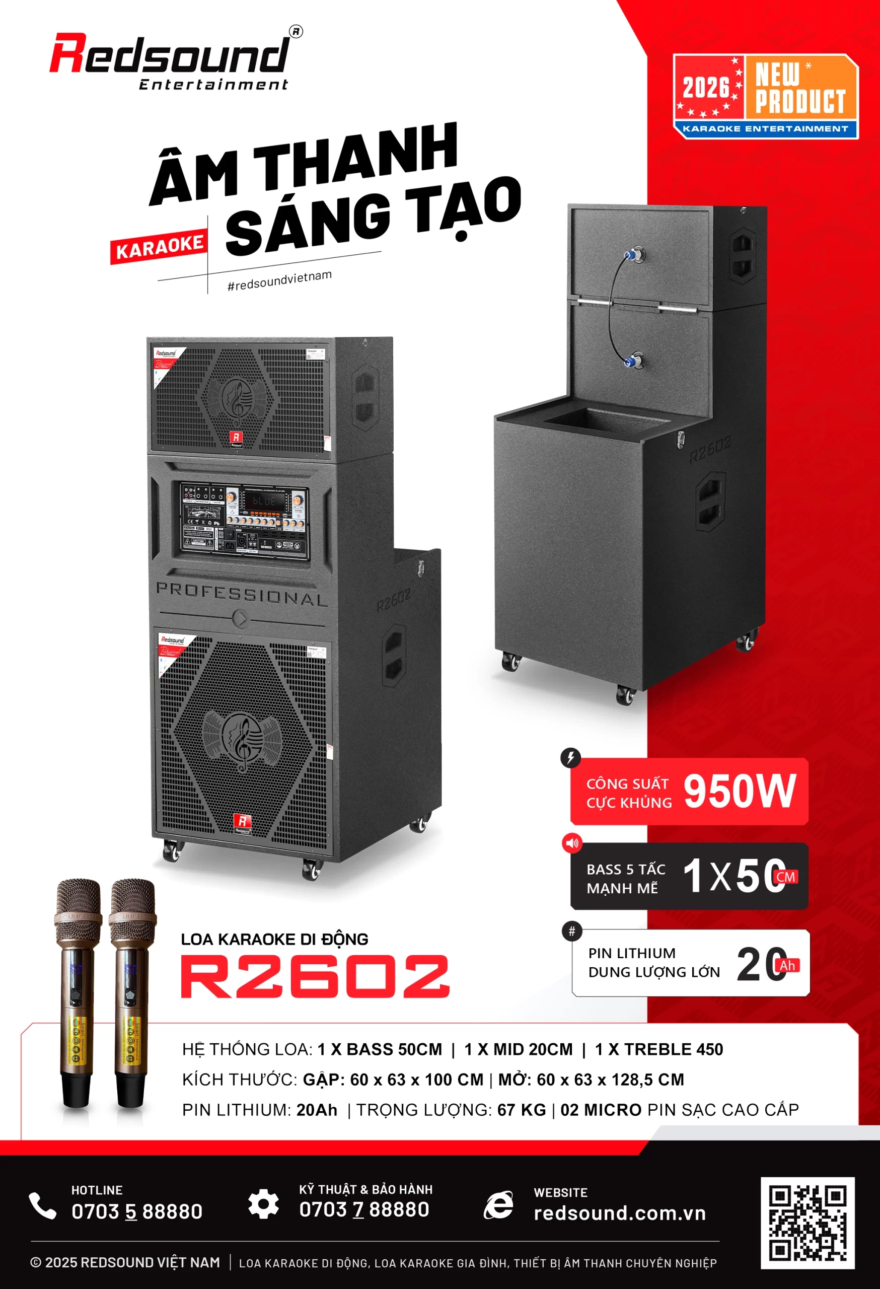 Loa gập di động Redsound R2602 bass 5 tấc 950W thiết kế gập 2026