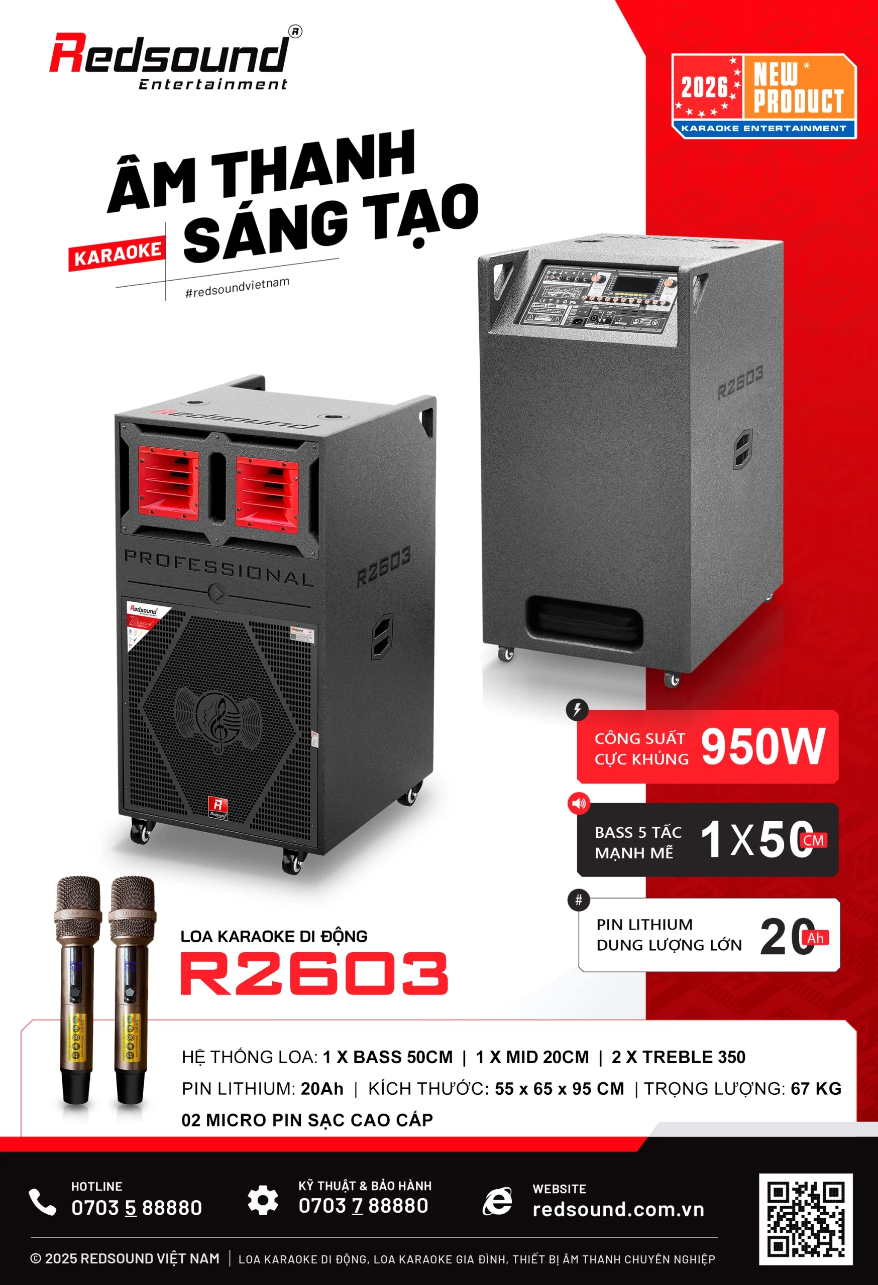 Loa karaoke di động Redsound R2603 bass 5 tấc công suất 950W mới nhất 2026