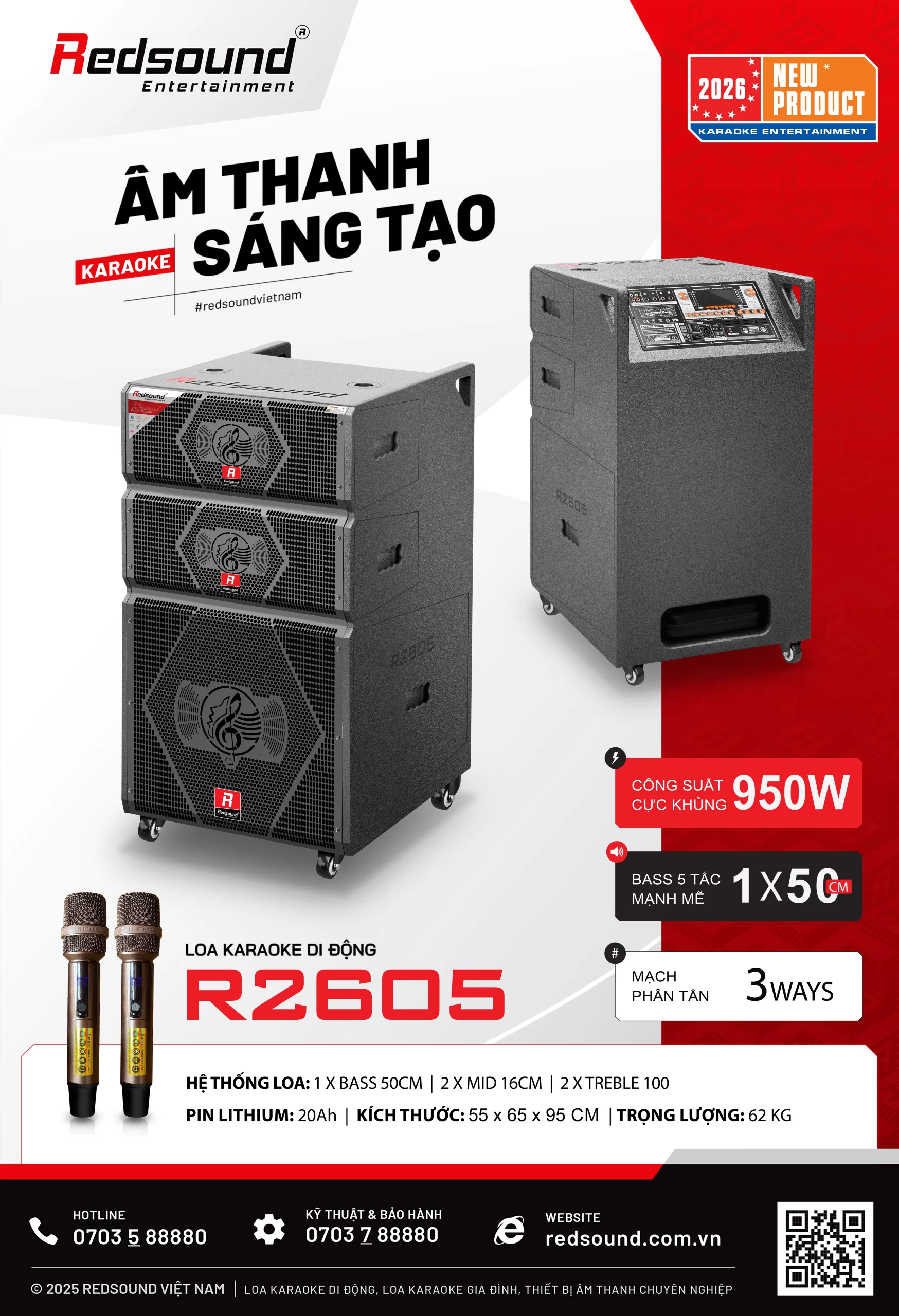 Loa array di động Redsound R2605 Bass 5 tấc 4 Redsound Vietnam Loa karaoke di động Redsound R2605 bass 5 tấc công suất 950W mạch phân tần 3 ways