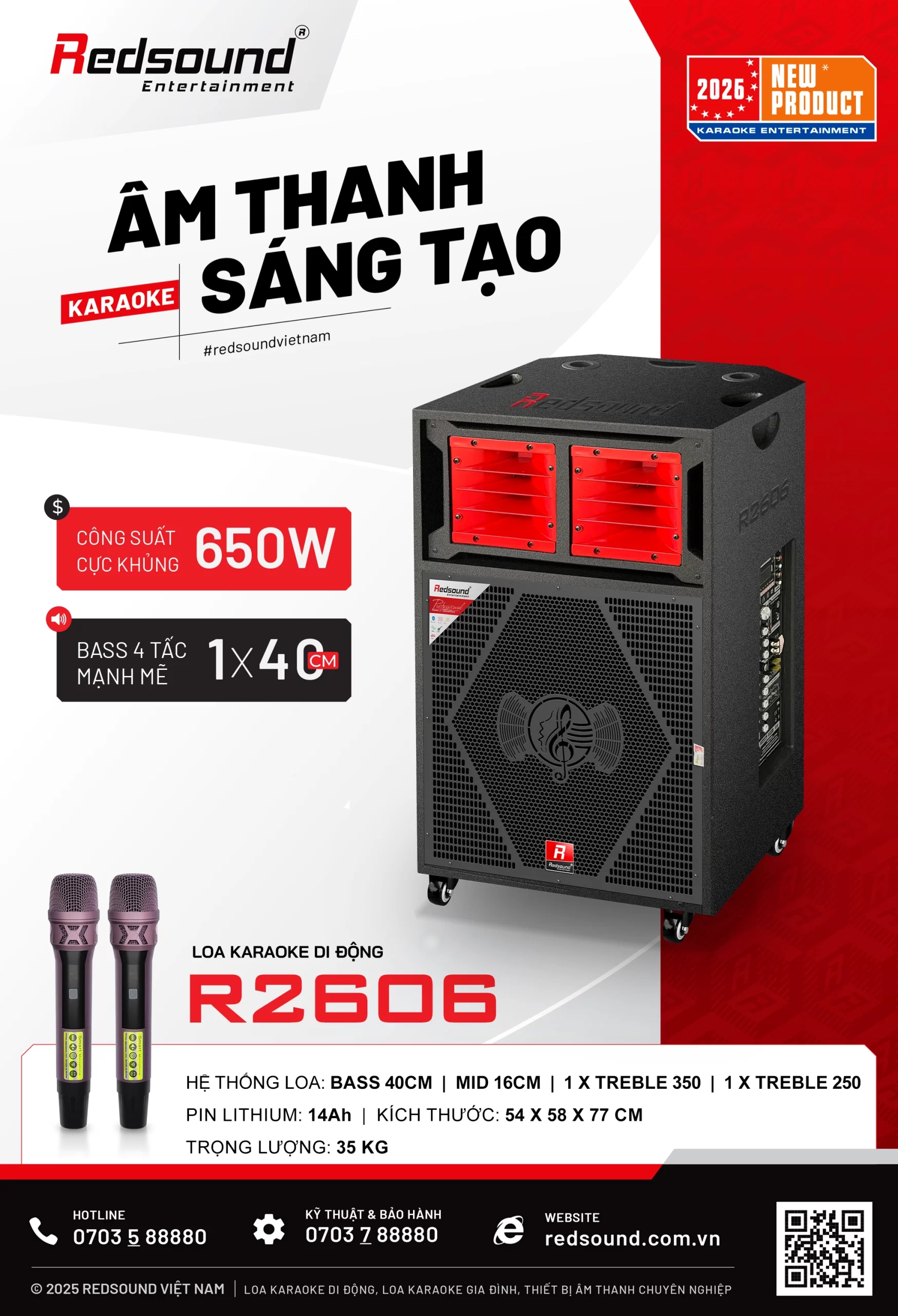 Loa karaoke di động Redsound R2606 công suất 650W Bass 40cm pin Lithium 14Ah kèm 2 micro không dây