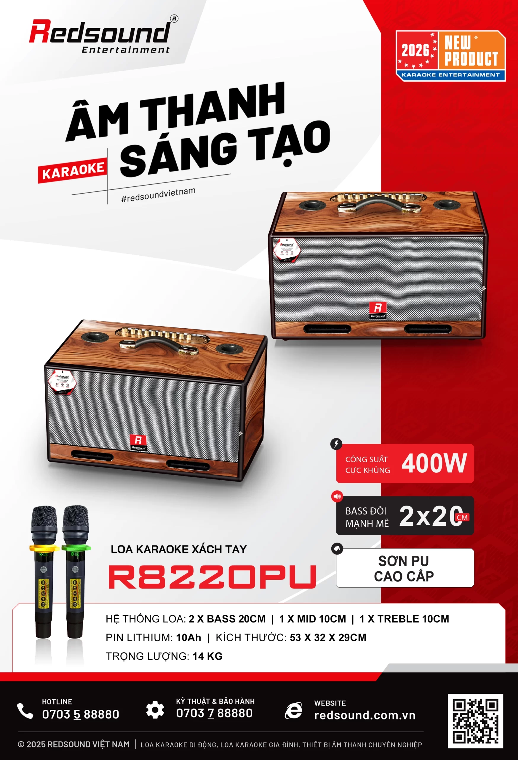 Loa karaoke xách tay RedSound R8220PU công suất 400W bass đôi 20cm sơn PU cao cấp